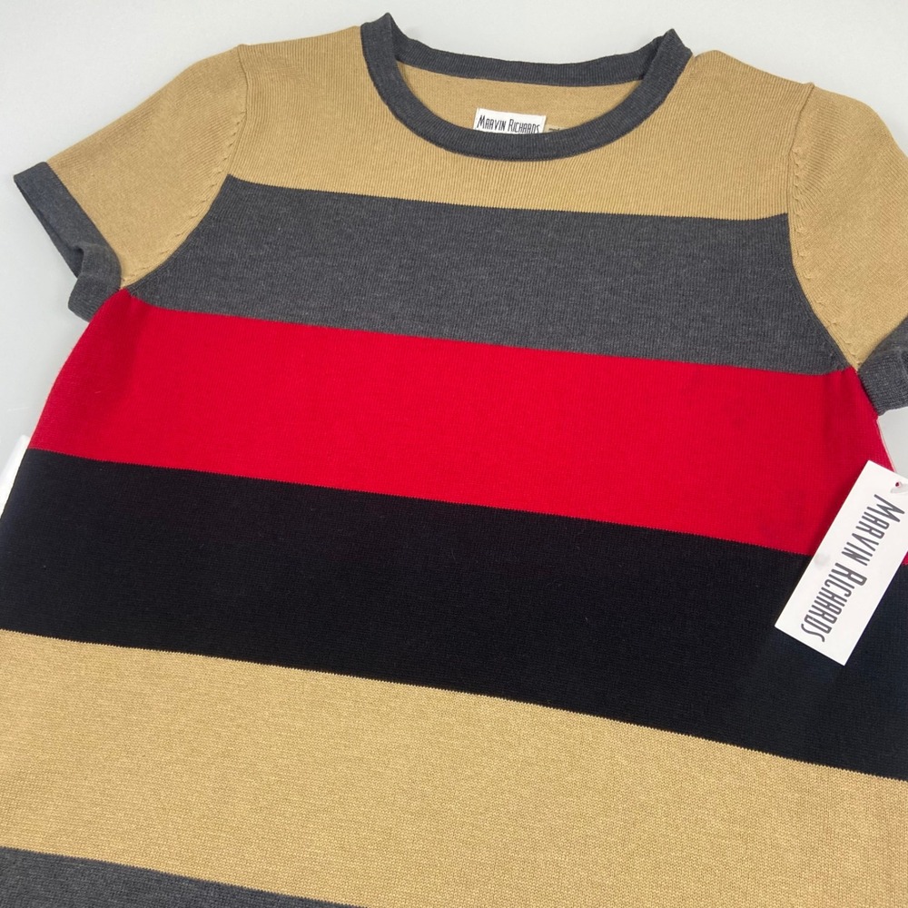 Marvin Richards Women S Tan Red Striped Short Sleeve Sweater Mini Dress NEW FLAW